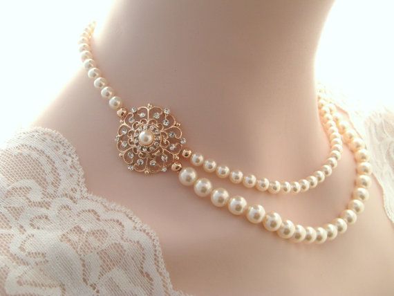 Bridal necklace-Rose gold vintage inspired art deco Swarovski crystal rhinestone bridal necklace -Swarovski crystal and pearl necklace Shoulder Jewelry, Gold Bridal Necklace, Vintage Inspired Art, Pearl Jewelry Design, Pearl Necklace Designs, Pearl Necklace Wedding, Pearl Jewelry Wedding, Black Beaded Jewelry, Gold Pendant Jewelry