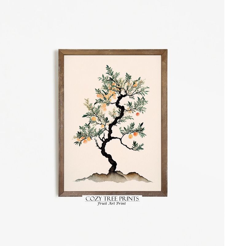 an orange tree with fruit on it is mounted in a wooden framed wall hanging above a white wall