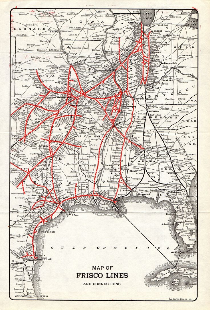 an old map with red lines on it and the names of major roads in each country