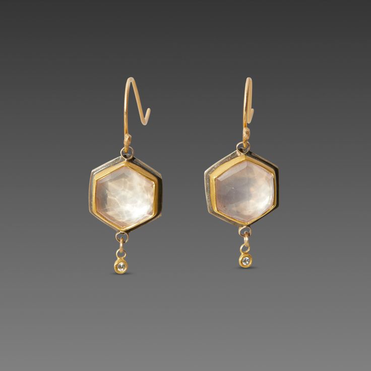 Gold, Silver & Stone Earrings - These glowing, barely there blush rose quartz gems are set in warm 22k gold and accented with tiny diamond drops. Wonderful for a special occasion or just to brighten every day. Matte finish 22k gold bezel with silver backing and 18k gold ear wires. Rose Quartz Earrings, Blush Rose, Tiny Diamond, Diamond Drops, Pearl Diamond, Blush Roses, Quartz Earrings, 22k Gold, Stone Earrings