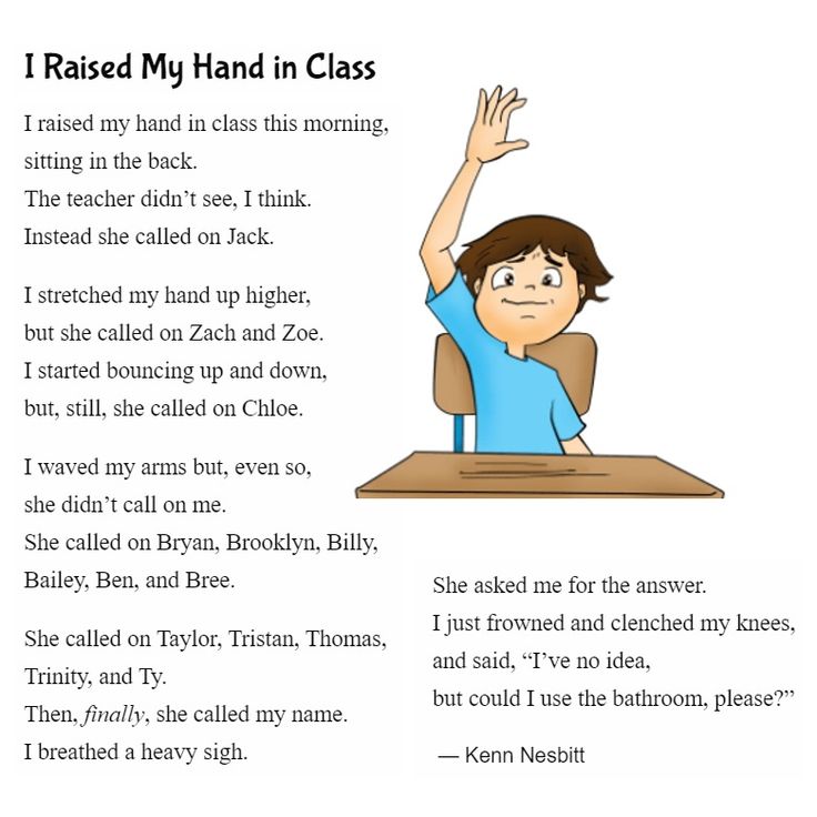 an image of a person sitting at a desk with the words raised my hand in class