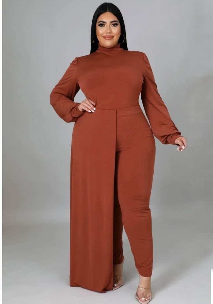 Two piece set, stretch bodysuit, round neckline, Long sleeves, Long side train, Zipper closure High waisted pants, Elastic waistband, No closure, 95% polyester, 5% spande, Great stretch, Inseam is 31 inches, Plus Size model is wearing a 2X Plus model stats Height: 5.6"Bust:45" / Waist:36" / Hips:54" Plus Size Pant Suits, Nice Jumpsuits, Being Myself, Plus Model, Plus Size Party Dresses, Plus Size Models, Beauty Standards, Plus Size Pants, Fashion Industry