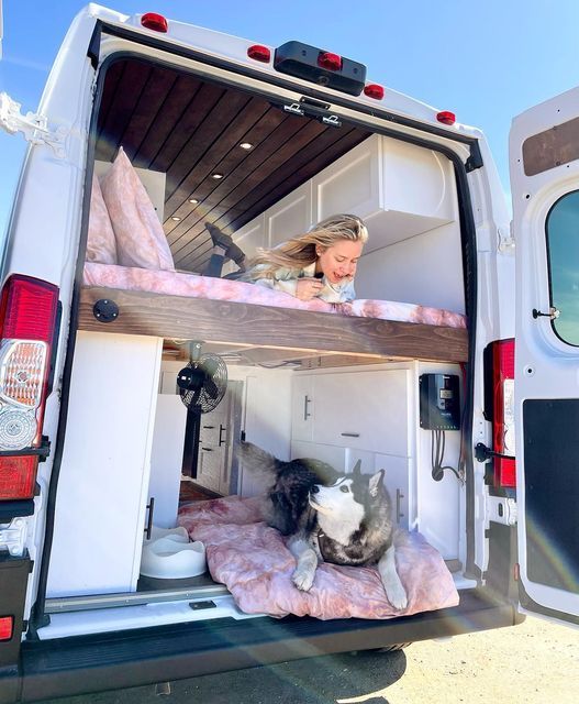 a woman and two dogs are in the back of a white van with its doors open