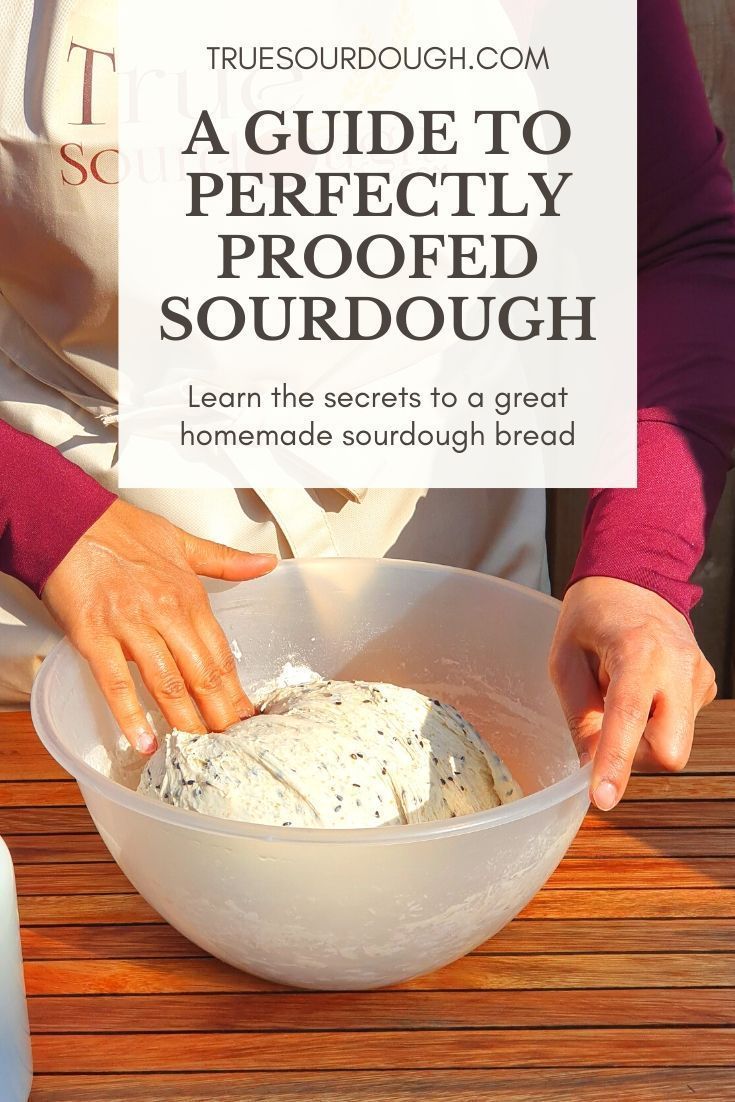 a person in an apron mixing something in a bowl with the words, a guide to perfectly proofed sourdough learn the secrets to a great homemade sourdouugh bread