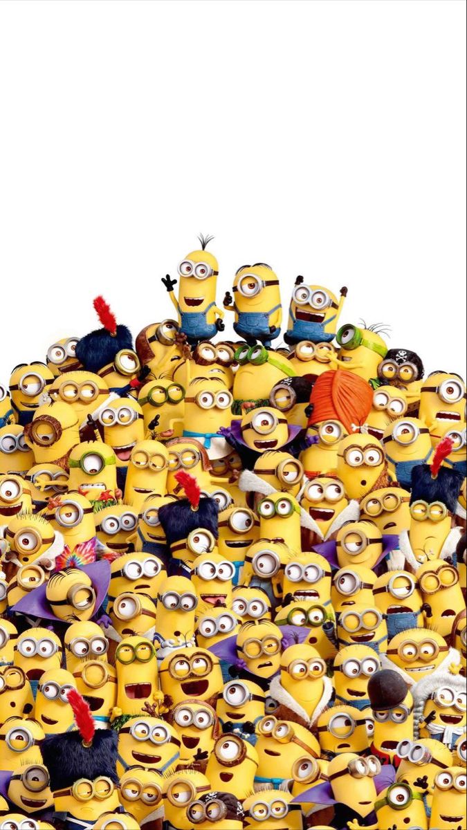 a large group of minion characters standing in front of a white background