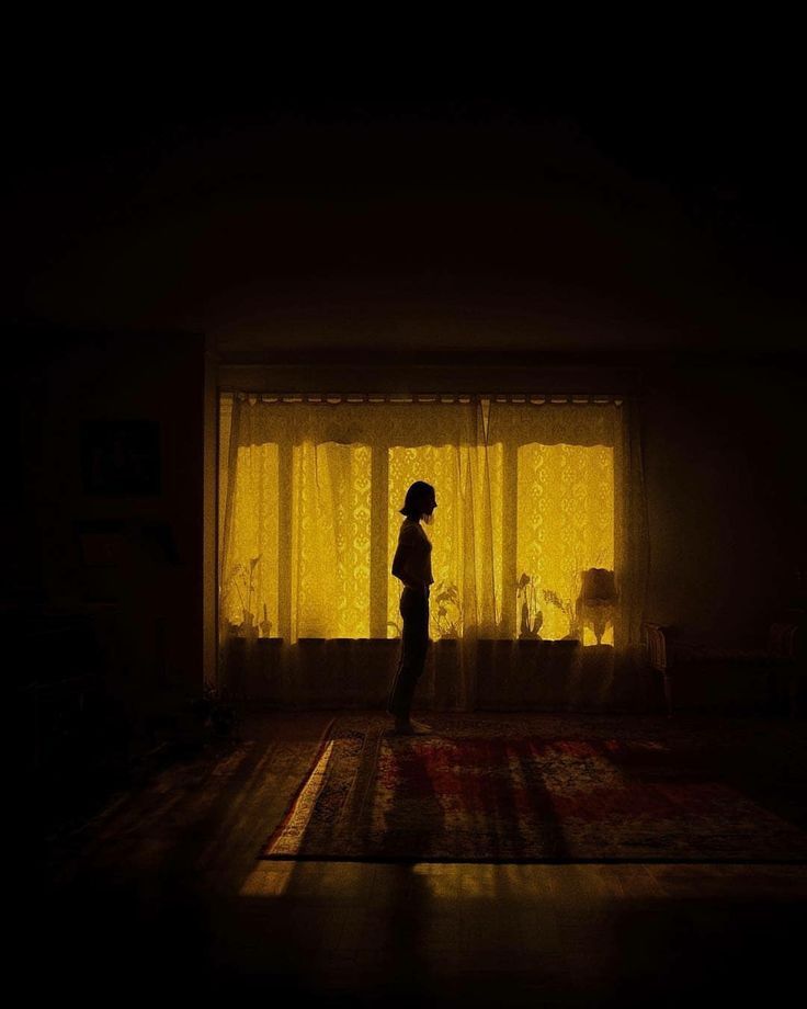 a person standing in front of a window with yellow light coming through the blinds on them