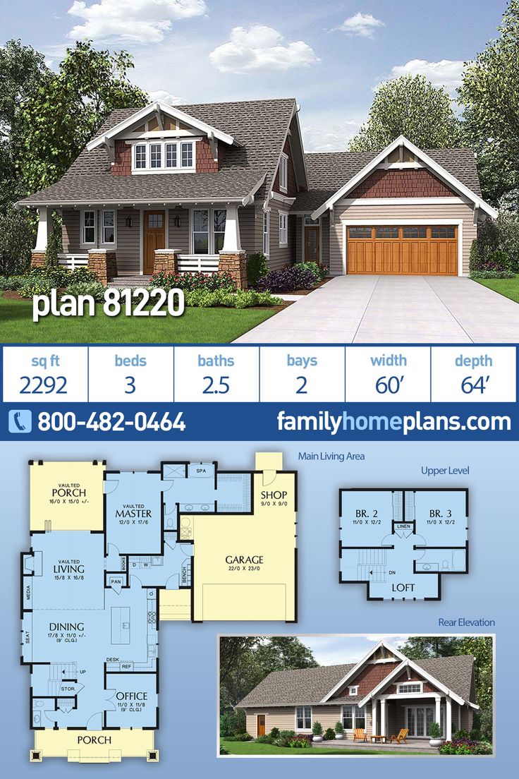 two story house plan with 3 car garage and attached living room, large front porch