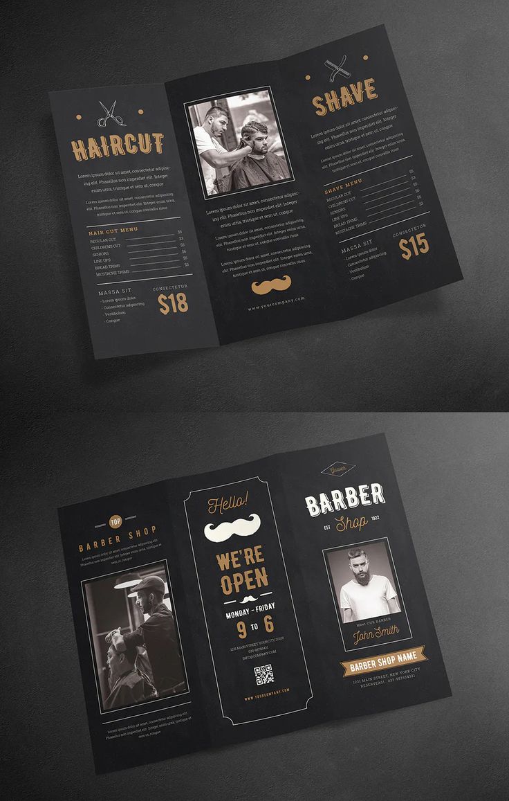 two black and gold brochure designs for barbers