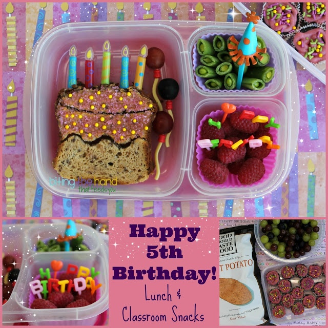 a birthday lunch with cake, fruit and snacks