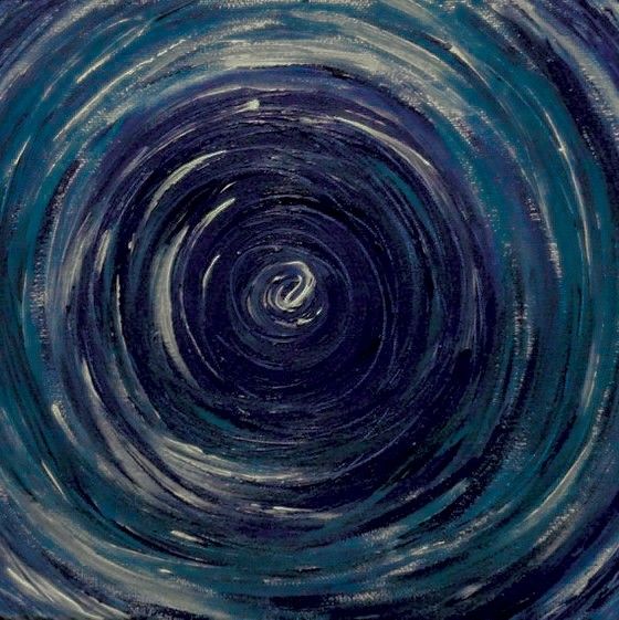 an abstract painting with blue and white swirls