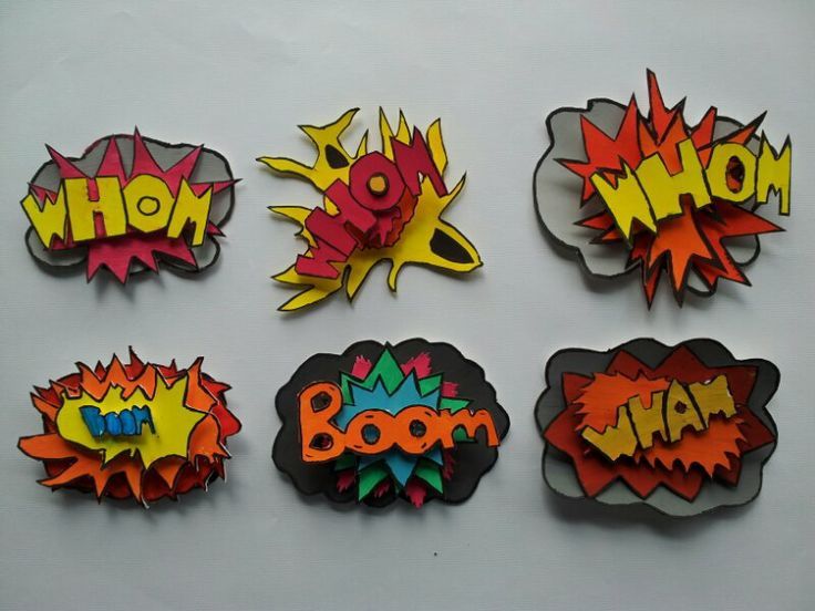 six different types of pop - art badges on a white surface, each with the word wow written in it