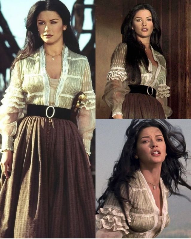 two pictures of the same woman in different outfits, one is wearing a white shirt and brown skirt