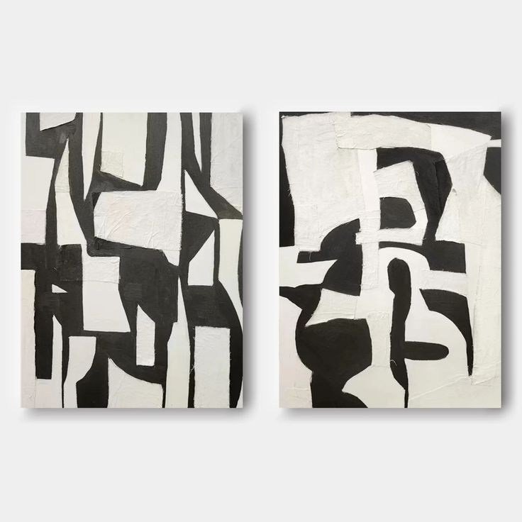 two black and white abstract paintings on canvases, each with different shapes in them