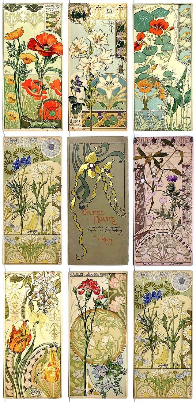 six different colored cards with flowers and leaves on them, all in various colors or patterns