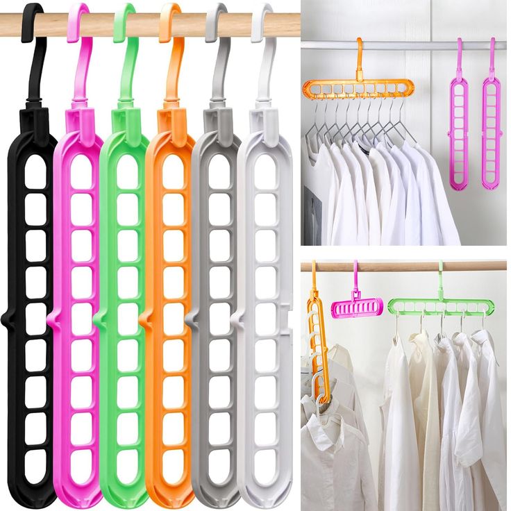 four different colored clothes hangers and one is hanging on a rail, the other two are