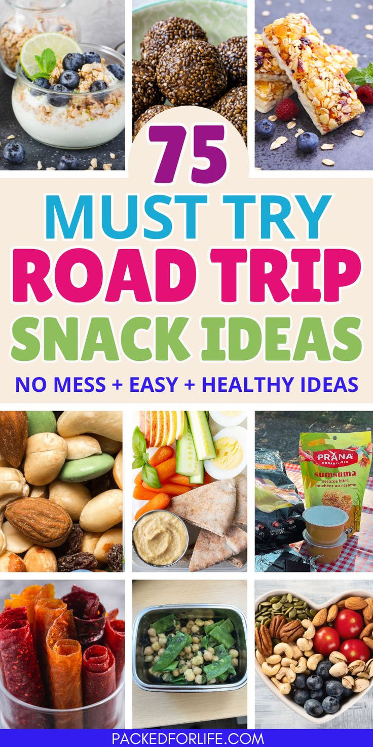 Nine road trip snack ideas from trail mix, to hummous with pita, boiled eggs & veggie sticks, fruit leather, homemade granola bars, yogurt & granola and energy balls. Healthy Snacks For Traveling In The Car, Roadtrip Snacks For Adults, Homemade Road Trip Snacks, Healthy Car Snacks, Travel Snacks Roadtrip, Car Ride Snacks, Easy Road Trip Snacks, Road Trip Foods, Car Trip Food