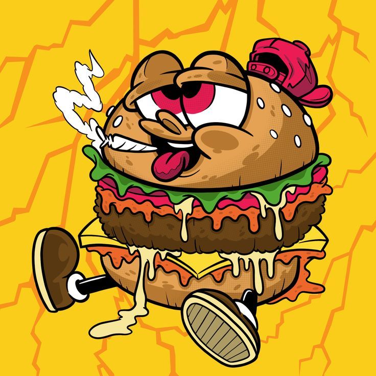 an image of a cartoon character eating a giant hamburger with ketchup and mayonnaise