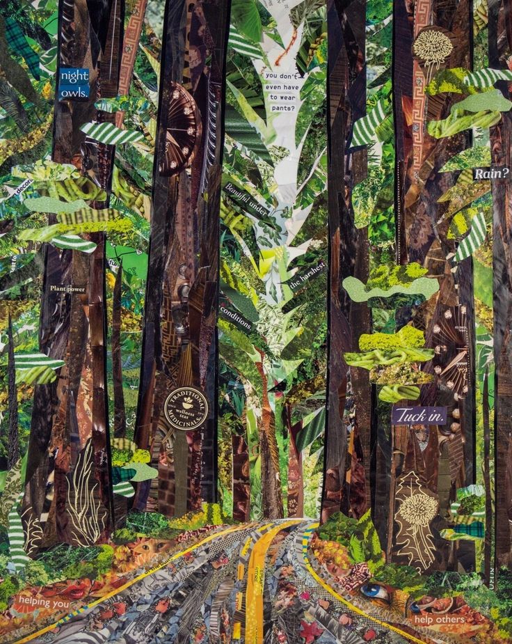 a painting of trees and plants in the middle of a road surrounded by other trees