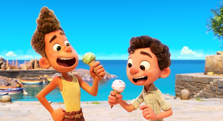 two cartoon characters eating ice cream on the beach