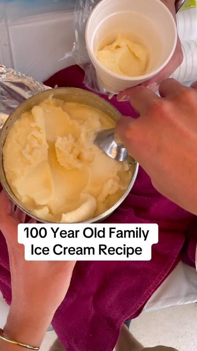 a person is holding a bowl of ice cream and spoon in their hand, with the words 100 year old family ice cream recipe on it