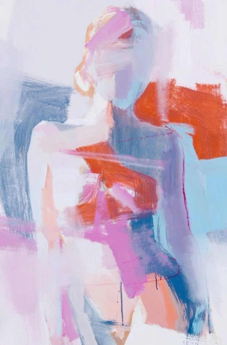 an abstract painting of a woman in pink, blue and orange colors with her back to the camera