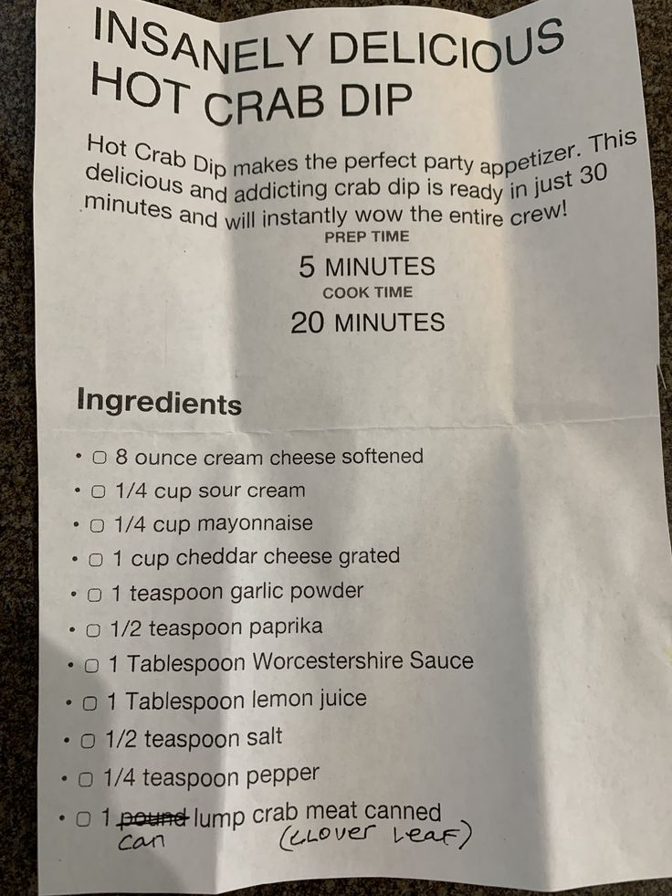 a hot crab dip recipe with instructions on it