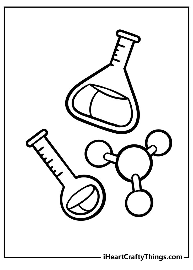 a black and white drawing of a lab flask, test tube and beakle