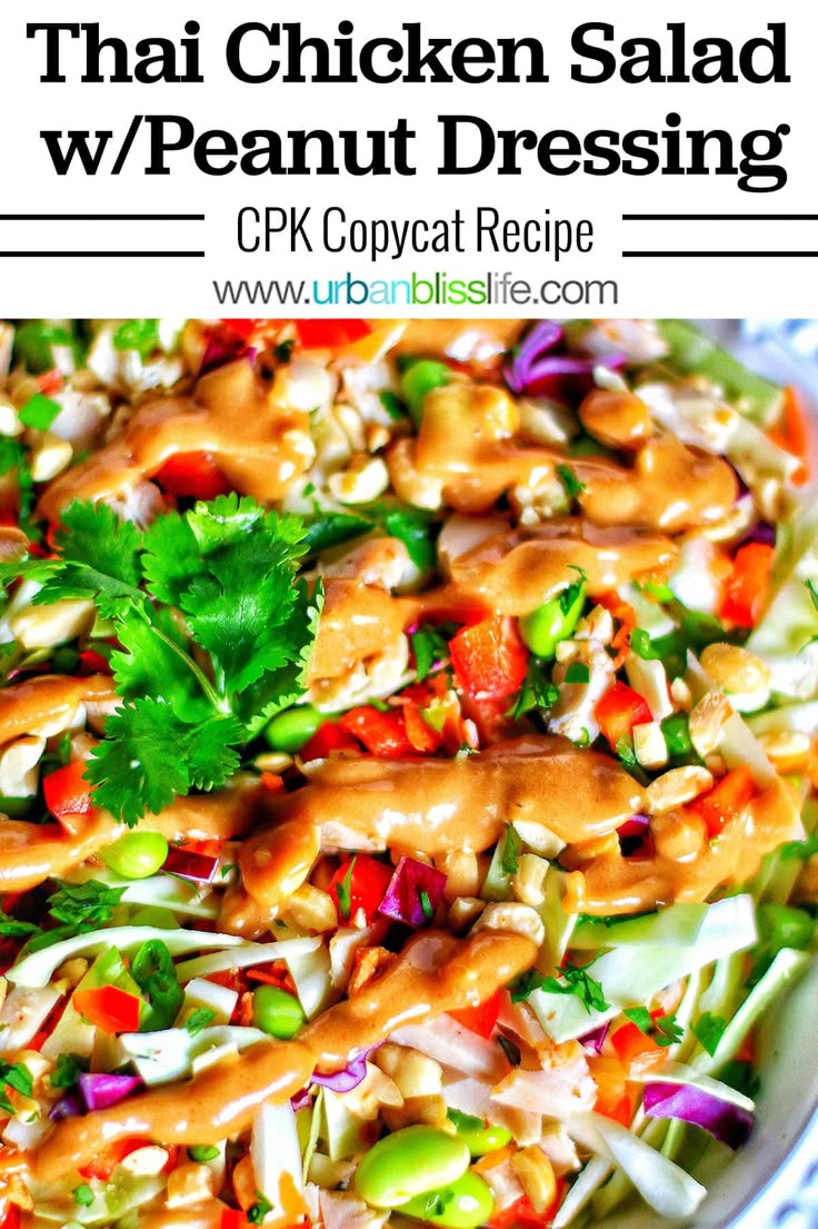 Thai Chicken Salad is a CPK Copycat recipe - a healthy dish perfect for meal planning that comes together in under 30 minutes! Yummy crunchy veggies with a tangy peanut dressing. Recipe on UrbanBlissLife.com #thaifood #chickensalad #salad #cpkcopycatrecipe #copycatrecipe #saladrecipes #chickenrecipes #healthyrecipes #healthy #mealprep #mealplanrecipes #mealplanideas Chinese Chicken Salad Peanut Dressing, Kona Grill Asian Salad Recipe, Copycat Granite City Asian Chicken Salad, Thai Peanut Chicken Crunch Slaw Salad, Thai Chicken Salad Dressing, Cpk Thai Crunch Salad Recipe, Thai Chicken Salad With Peanut Dressing, Thai Peanut Chicken Salad, Cheesecake Factory Thai Chicken Salad