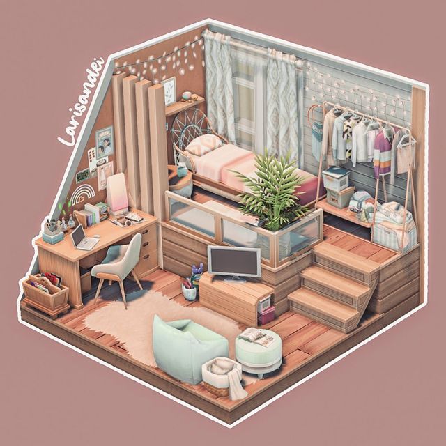 an illustrated drawing of a bedroom with furniture and accessories on the floor, including a bed