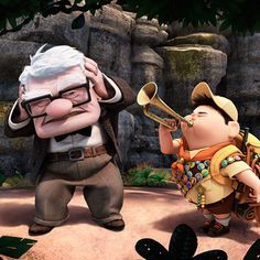 two cartoon characters are standing in front of some rocks and plants, one is holding a trumpet