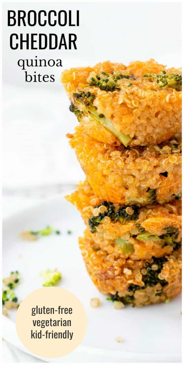 broccoli cheddar quinoa bites stacked on top of each other