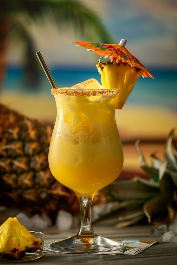 a pineapple drink with a straw garnish on the rim