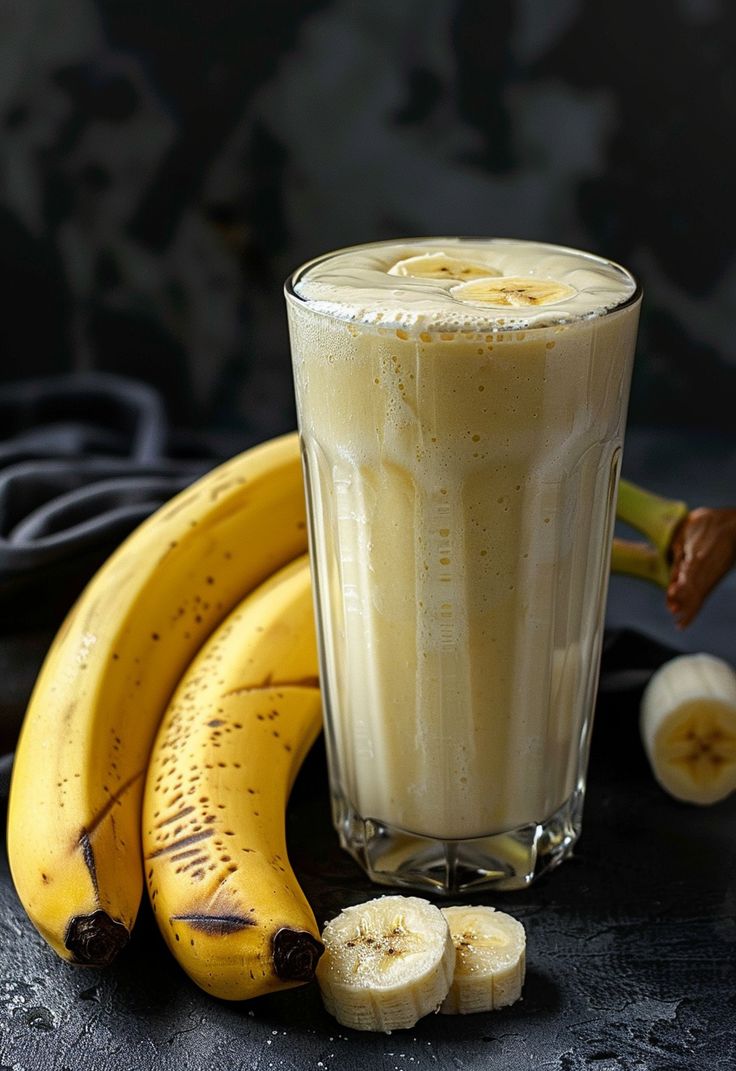 there is a banana smoothie in the glass next to bananas and other fruit on the table