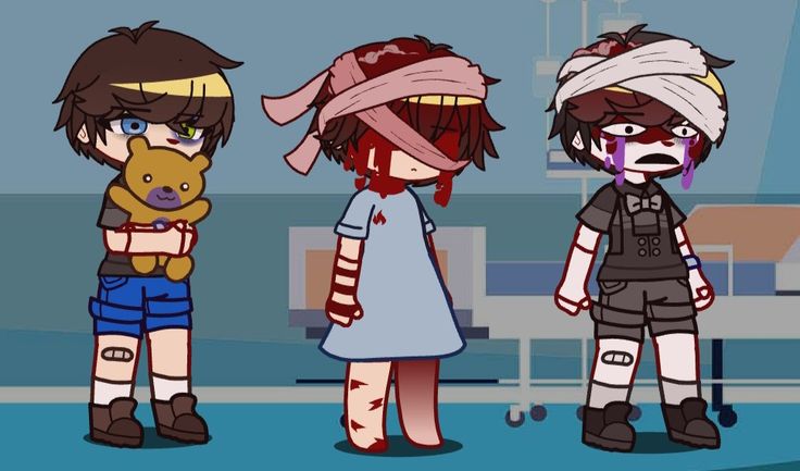 three cartoon characters standing next to each other in front of a hospital room with blood all over their face