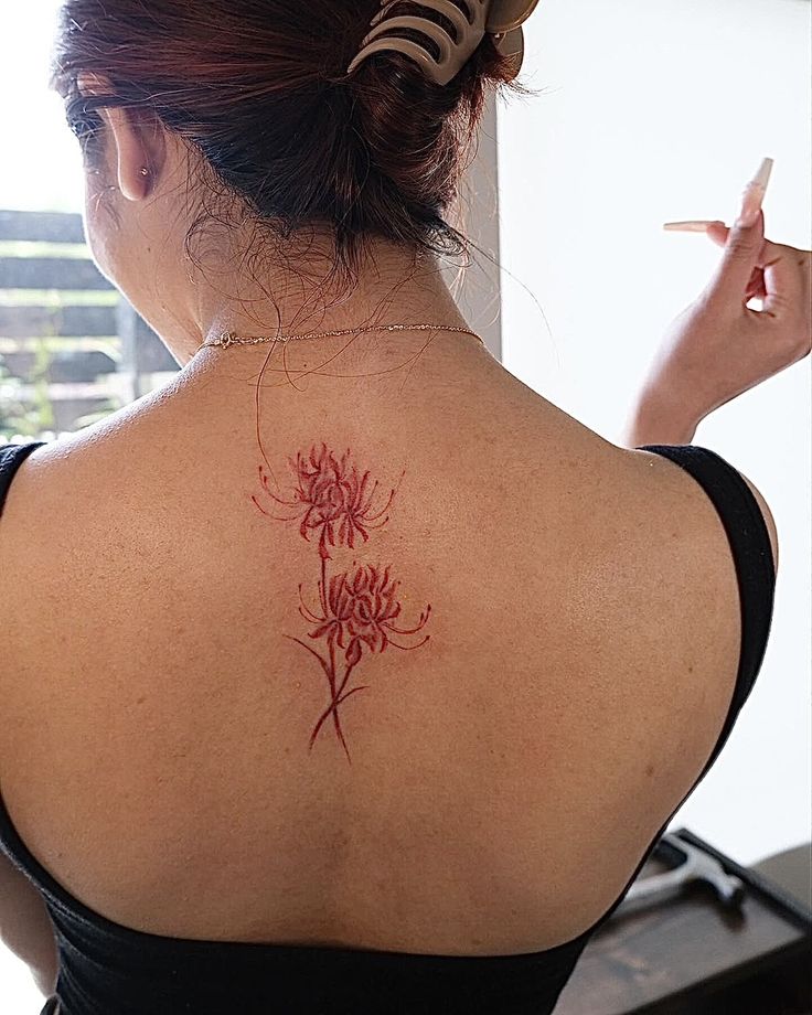 Healed Red Tattoo, Red Tattoo Healed, Spider Lily Back Tattoo, Back Red Tattoo, Red Hip Tattoo, Tattoo Of Eyes, Red Lily Tattoo, Botan Rice Candy, Self Healing Tattoo