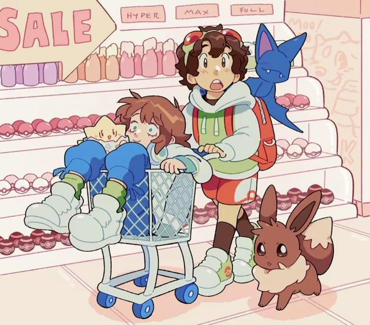 two children are pushing a shopping cart in front of a store with pokemon on it