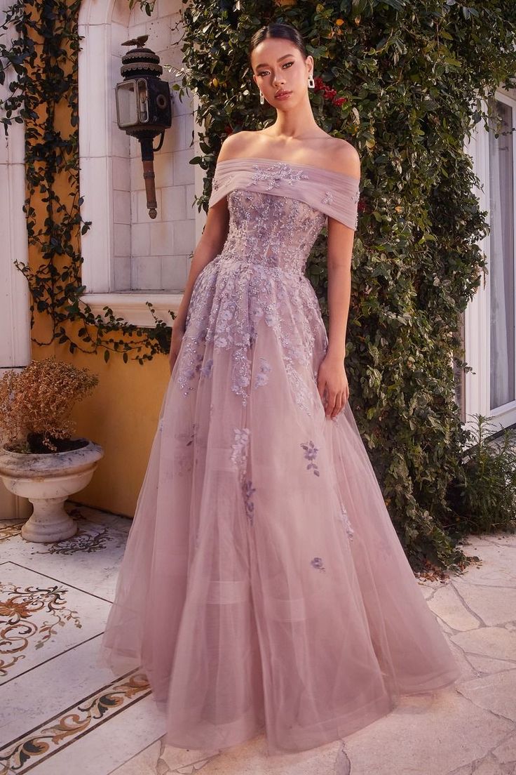 This Andrea And Leo -A1348 Floral Off Shoulder Ball Gown is the perfect combination of elegance and femininity. With a stunning off-shoulder design and a beautiful floral print, this ball gown will make you stand out at any special occasion. Made with high-quality materials, it will ensure a comfortable and flattering fit all night long. Don't miss out on this exquisite piece. Whimsical Dress Formal, Ball Gown Dresses Elegant, Boat Neck Prom Dress, Enchanted Dresses, Long Ball Dresses, Whimsical Dresses, Floor Length Evening Dress, Andrea And Leo, Bridal Things