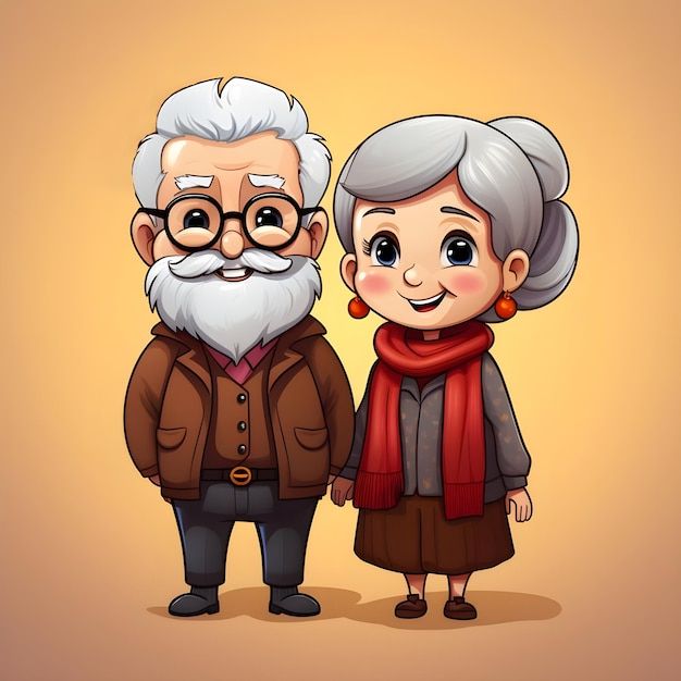 an old man and woman standing next to each other with glasses on their faces, in front of a yellow background