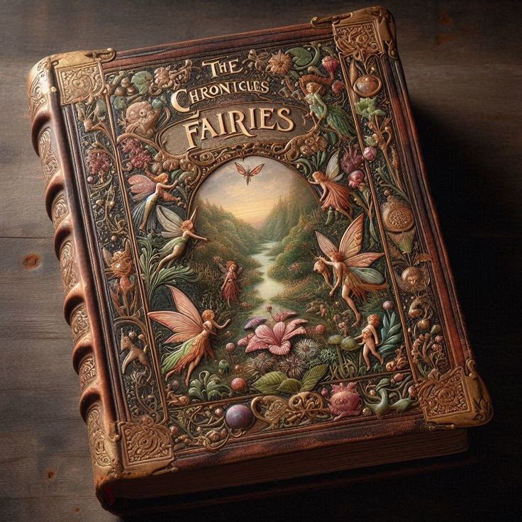 an old book with fairy images on the front and back cover sitting on a wooden table