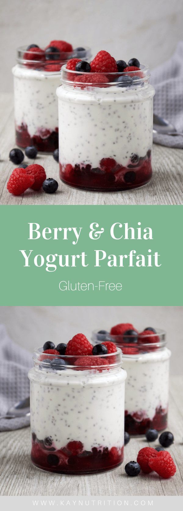 berry and chia yogurt parfait in jars with berries on top