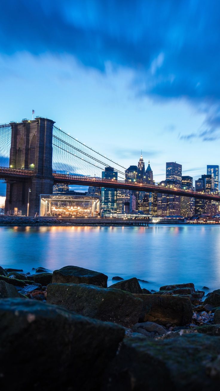 the city skyline is lit up at night by the water's edge with rocks in front of it