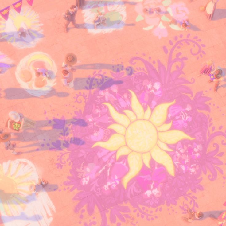 an aerial view of people walking around in the sun on a pink and yellow background