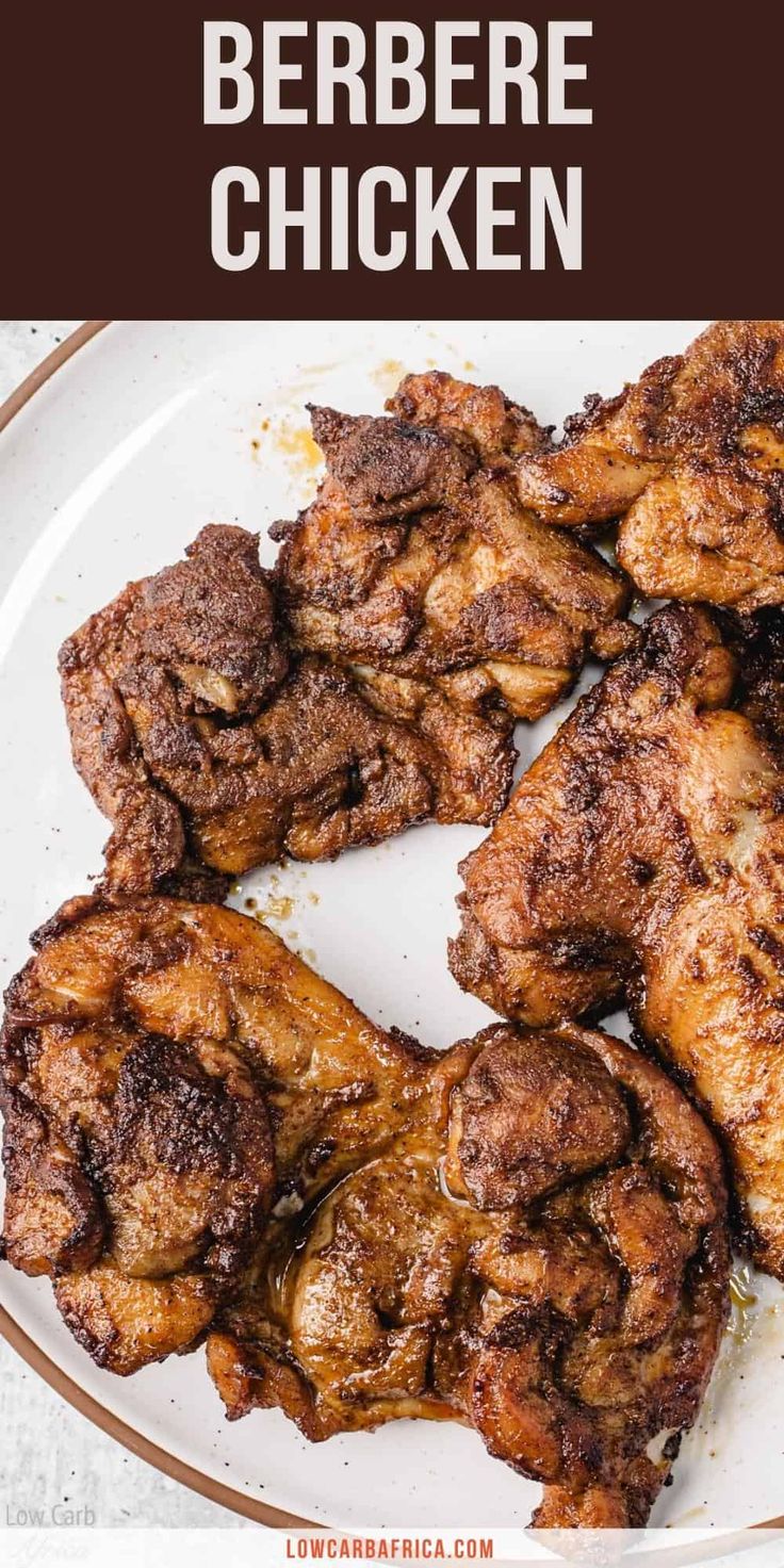 grilled barbecue chicken on a white plate with text overlay