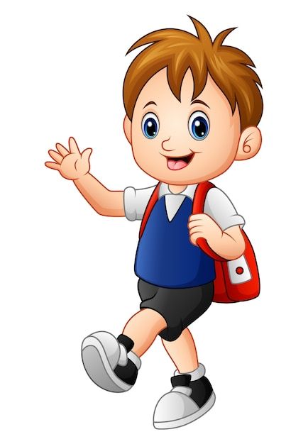 a little boy with a red backpack and blue shirt is walking towards the camera while waving his hand