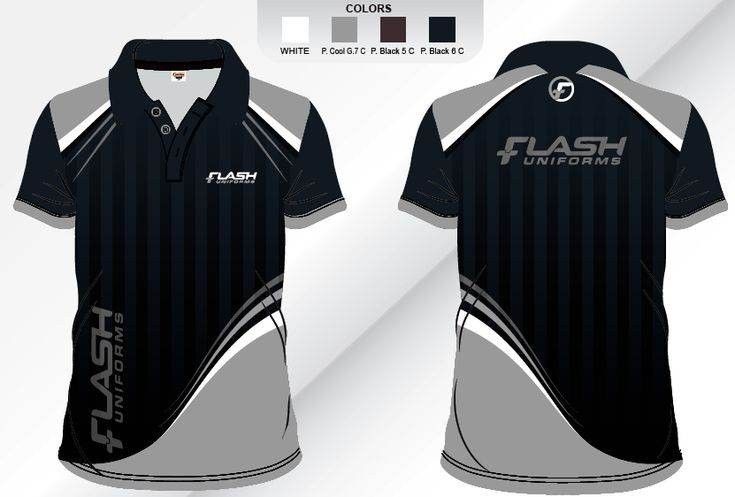 a black and grey polo shirt with flash logo on the chest, front and back views