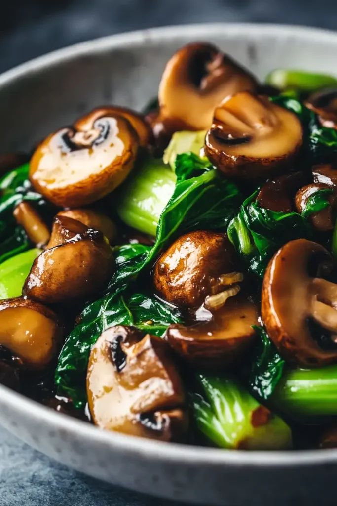 a white bowl filled with mushrooms and broccoli on top of a blue table