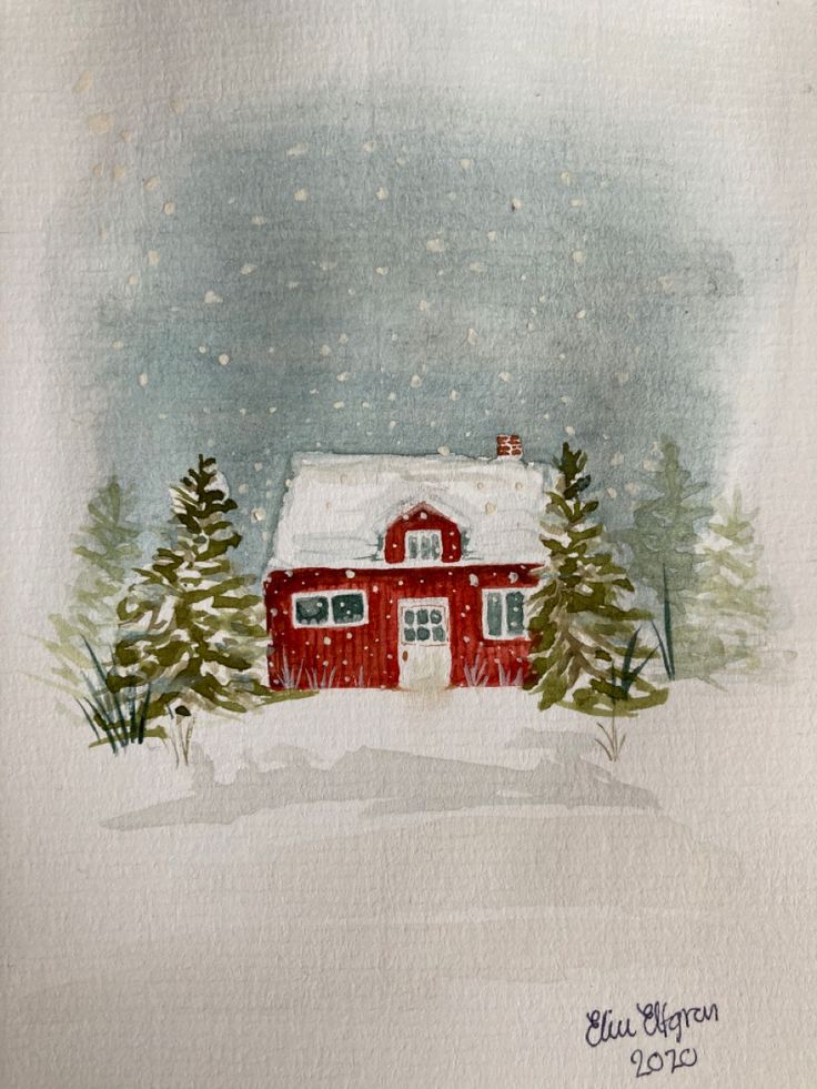 a watercolor painting of a red house in the snow with pine trees on either side