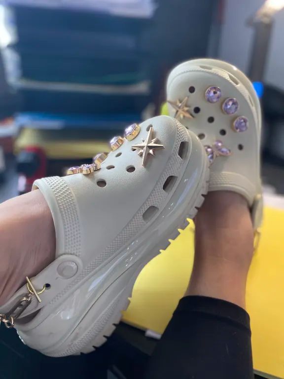 Mega Crush Clog - Crocs Croc Loafers Outfit, Croc Crush Clog, Bridesmaid Crocs, Crocs Designer Jibbitz, Crocs Mega Crush Clog Outfit, Coquette Crocs, Croc Charm Ideas, Cross Outfits, Crocs Inspiration