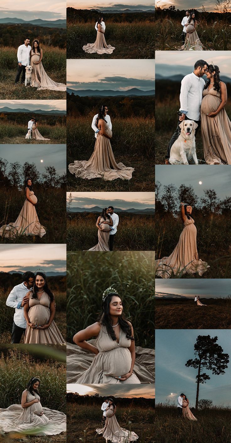 a couple and their dog are posing for pictures in the grass at sunset with trees