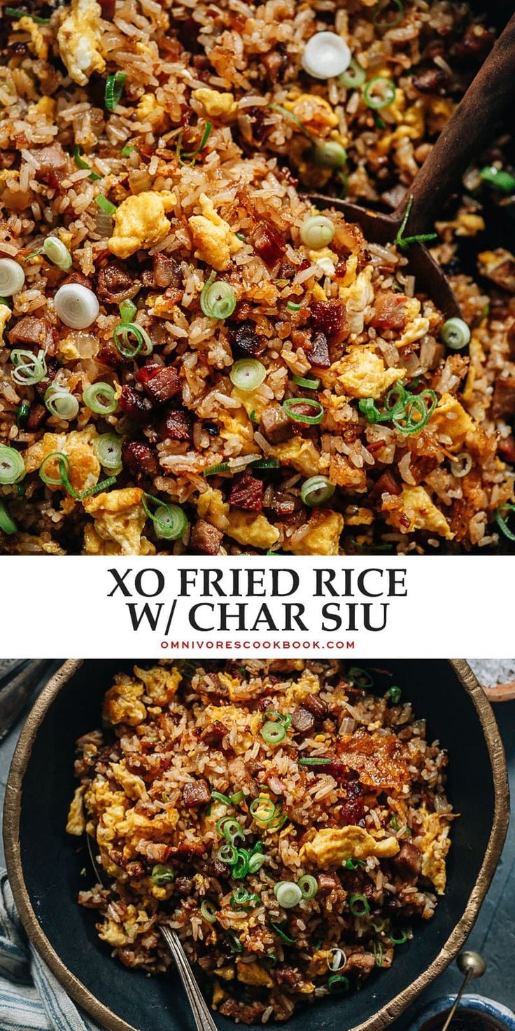 an image of fried rice with chopsticks in a skillet and the words xo fried rice w / char su